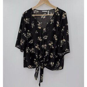 LUQ Women’s Black Floral V-Neck Tie Front Blouse‎ Top Size M, Boho